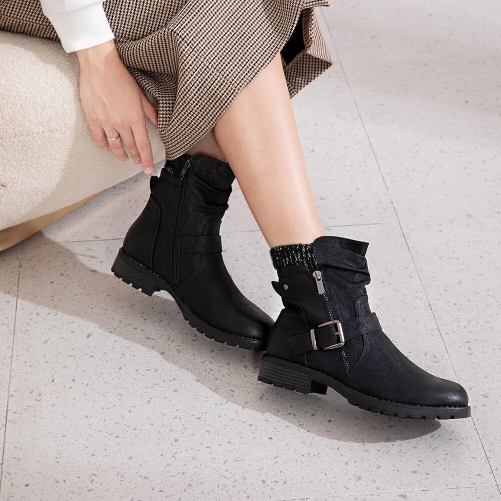 Women's Combat Black Boots Side Zipper Closure Buckle Fashion Ankle Booties - Picture 2 of 7